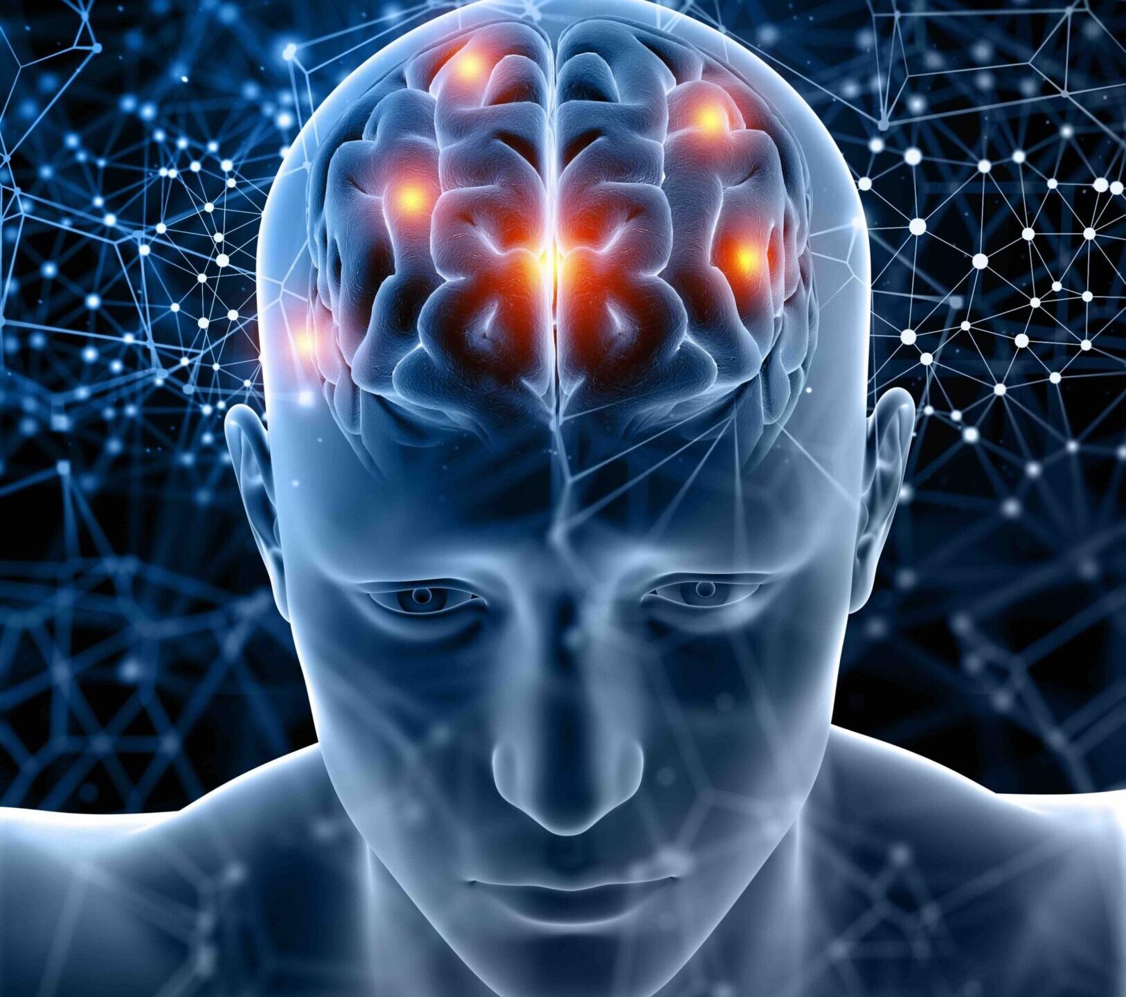 3D render of a medical figure with brain highlighted